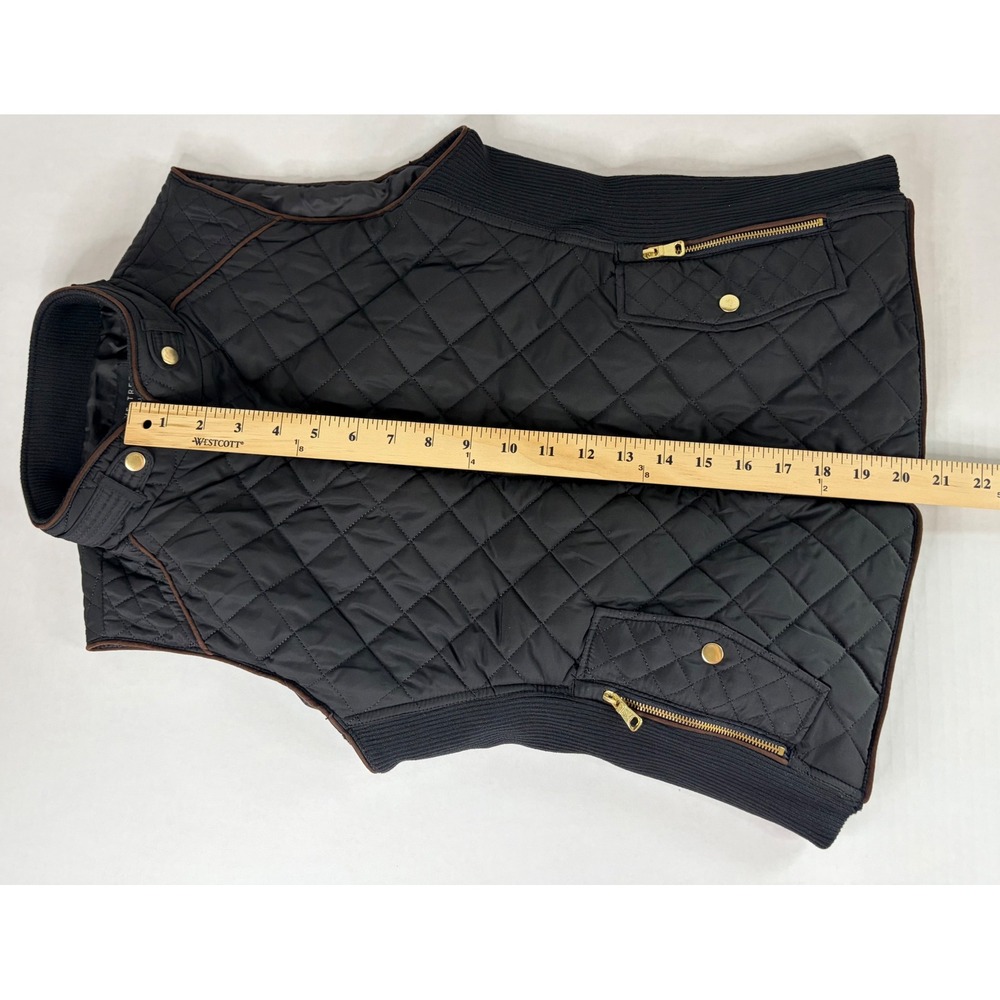 Love Tree Womens Quilted Puffer Vest Black Gold Zip Brown Trim Small Lightweight - Picture 8 of 10